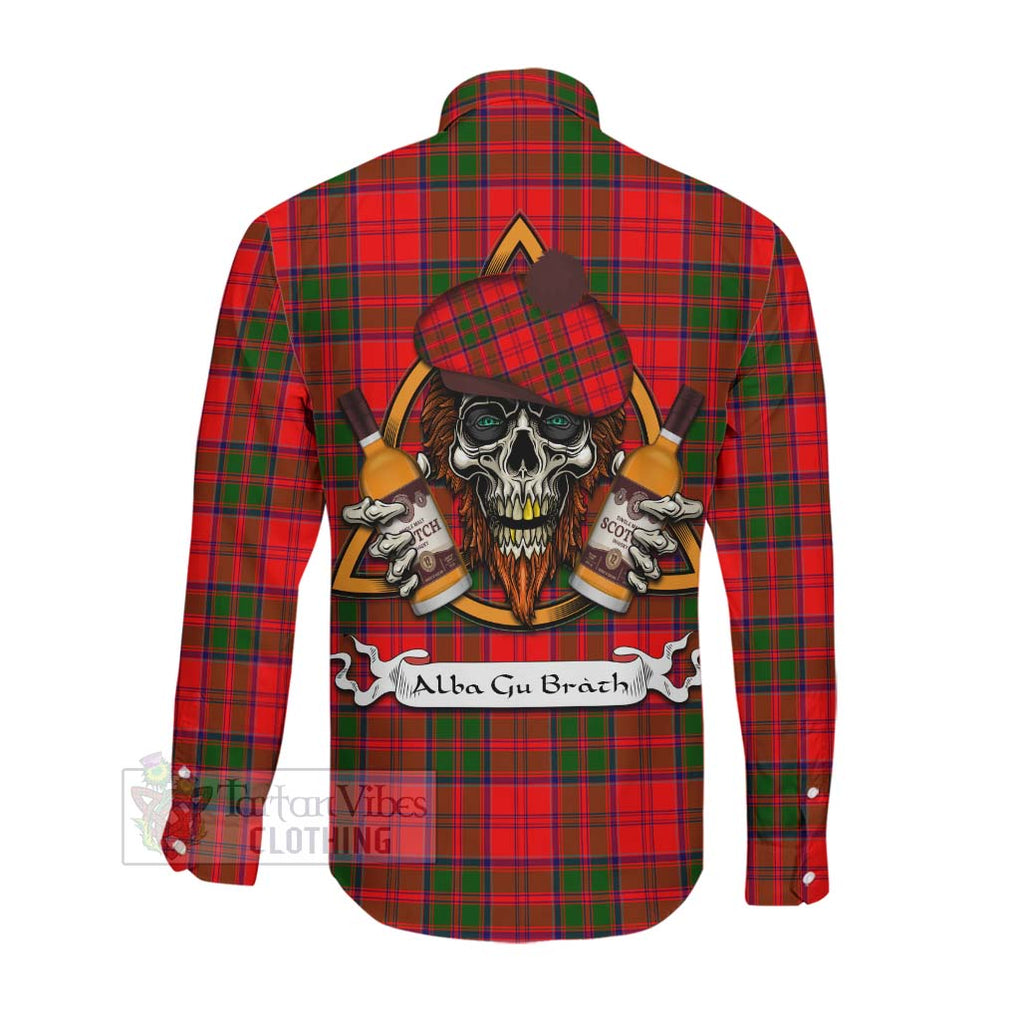 Tartan Vibes Clothing Heron Tartan Long Sleeve Button Shirt with Family Crest and Bearded Skull Holding Bottles of Whiskey