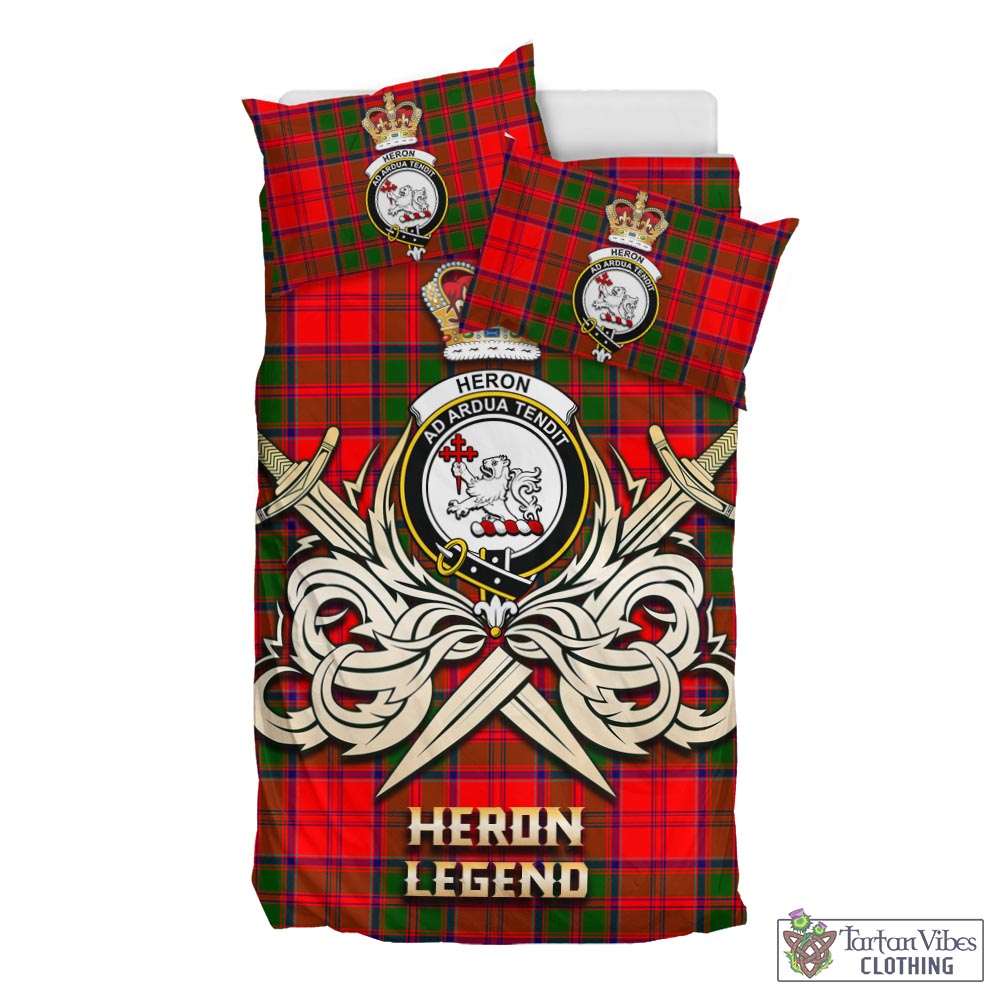 Tartan Vibes Clothing Heron Tartan Bedding Set with Clan Crest and the Golden Sword of Courageous Legacy