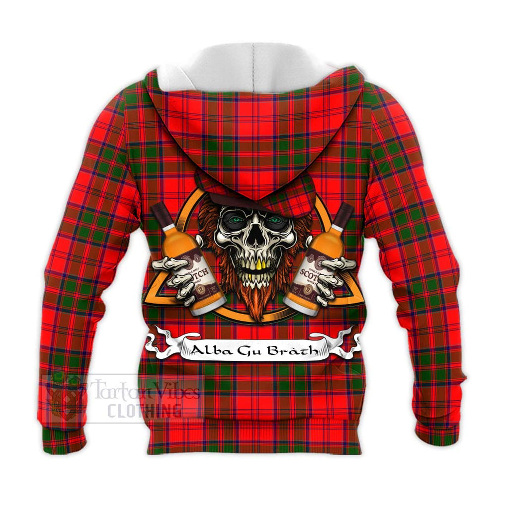 Tartan Vibes Clothing Heron Tartan Knitted Hoodie with Family Crest and Bearded Skull Holding Bottles of Whiskey