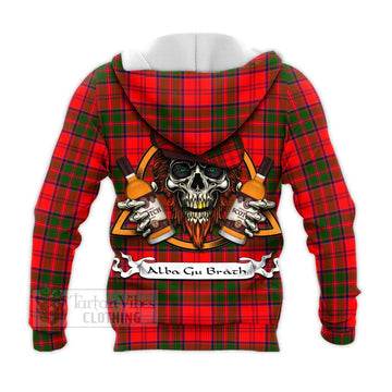 Heron Tartan Knitted Hoodie with Family Crest and Bearded Skull Holding Bottles of Whiskey