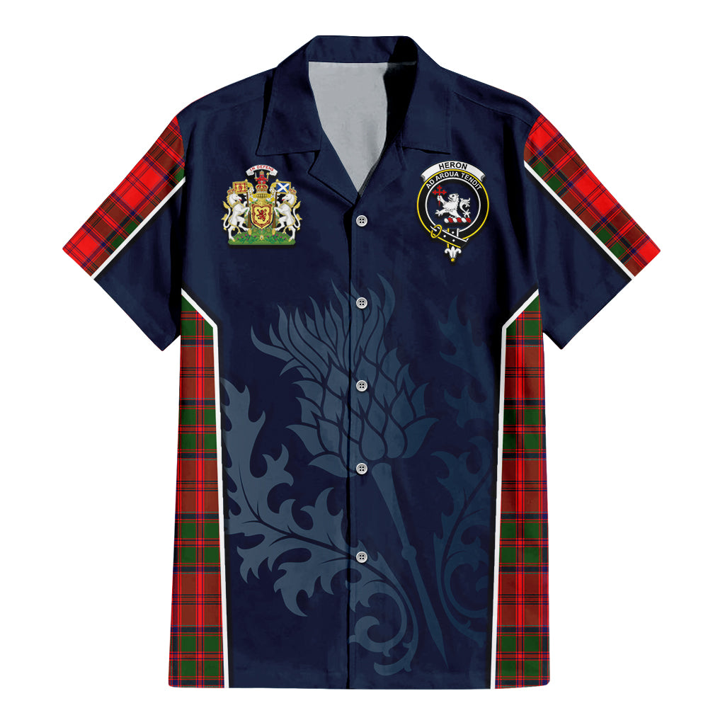 Tartan Vibes Clothing Heron Tartan Short Sleeve Button Up Shirt with Family Crest and Scottish Thistle Vibes Sport Style