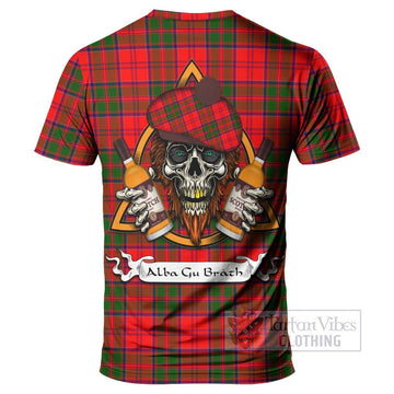 Heron Tartan T-Shirt with Family Crest and Bearded Skull Holding Bottles of Whiskey - Tartan Vibes Clothing