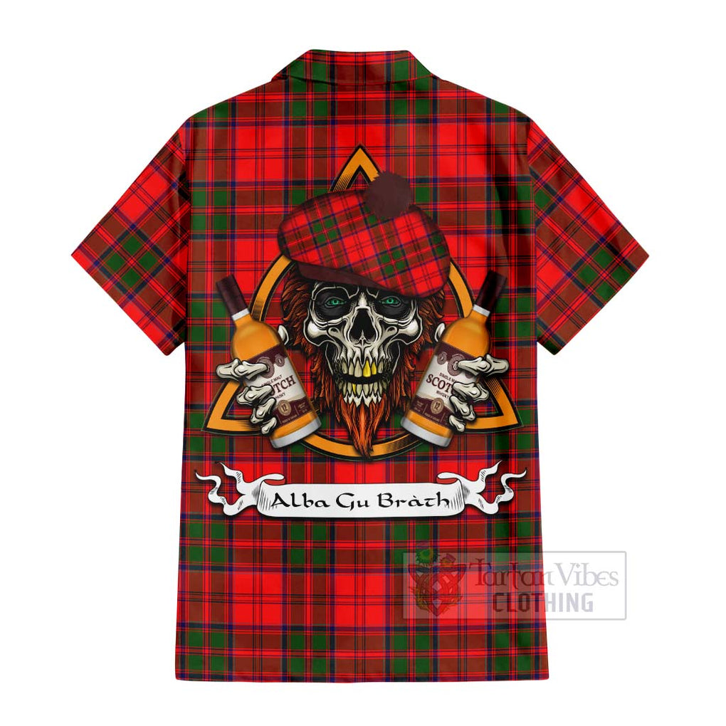 Tartan Vibes Clothing Heron Tartan Short Sleeve Button Shirt with Family Crest and Bearded Skull Holding Bottles of Whiskey