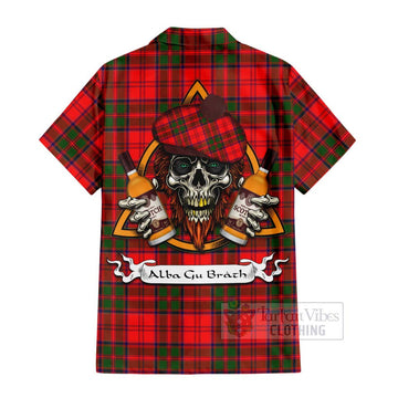 Heron Tartan Short Sleeve Button Shirt with Family Crest and Bearded Skull Holding Bottles of Whiskey