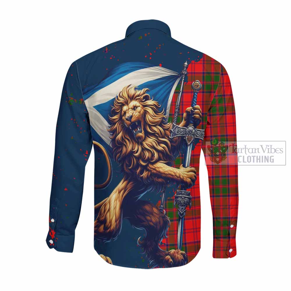 Tartan Vibes Clothing Heron Tartan Family Crest Long Sleeve Button Shirt with Scottish Majestic Lion