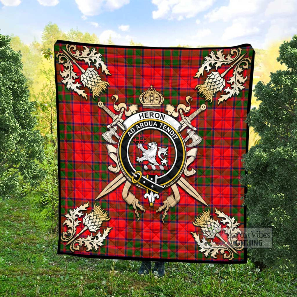 Tartan Vibes Clothing Heron Tartan Quilt with Family Crest and Scottish Golden Courage Shield