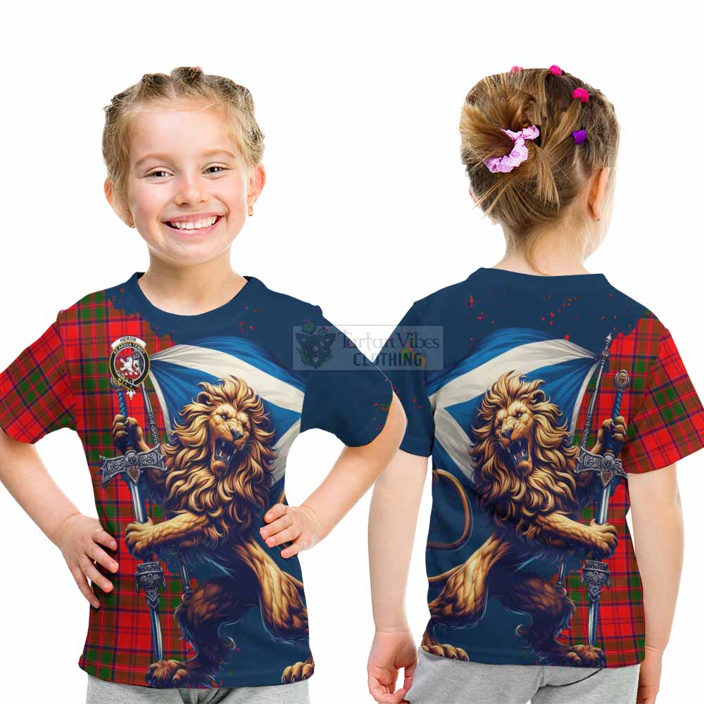 Tartan Vibes Clothing Heron Tartan Family Crest Kid T-Shirt with Scottish Majestic Lion