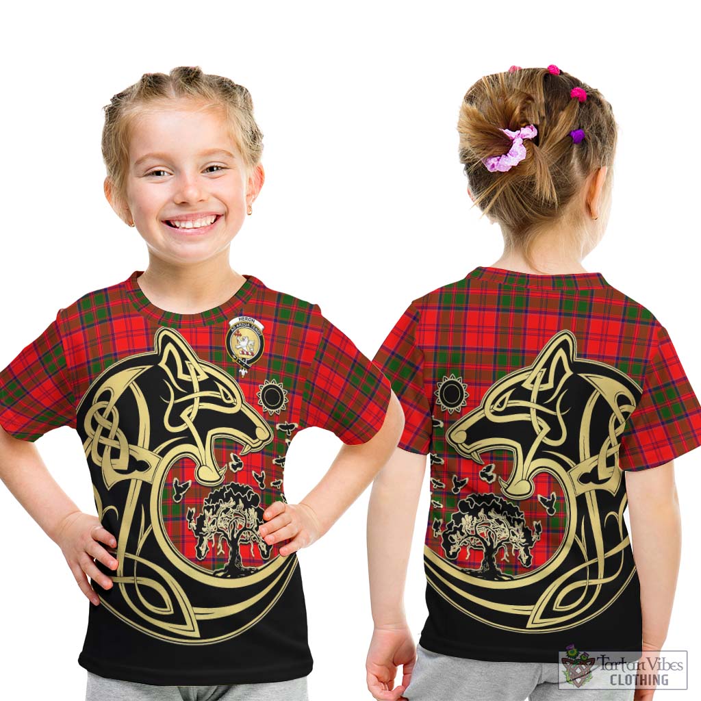 Tartan Vibes Clothing Heron Tartan Kid T-Shirt with Family Crest Celtic Wolf Style