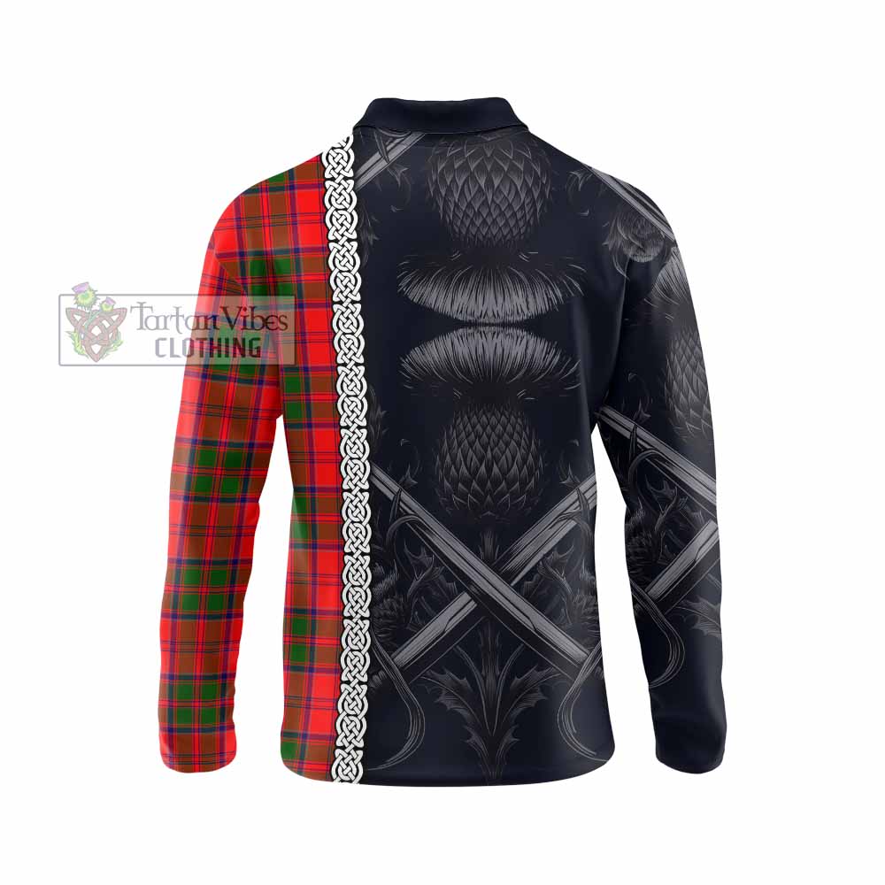 Heron Tartan Long Sleeve Polo Shirt with Family Crest Cross Sword Thistle Celtic Vibes - Tartan Vibes Clothing