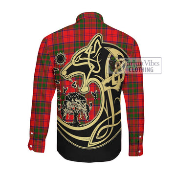 Heron Tartan Long Sleeve Button Shirt with Family Crest Celtic Wolf Style