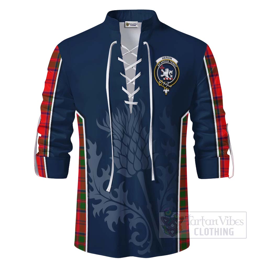 Tartan Vibes Clothing Heron Tartan Ghillie Kilt Shirt with Family Crest and Scottish Thistle Vibes Sport Style