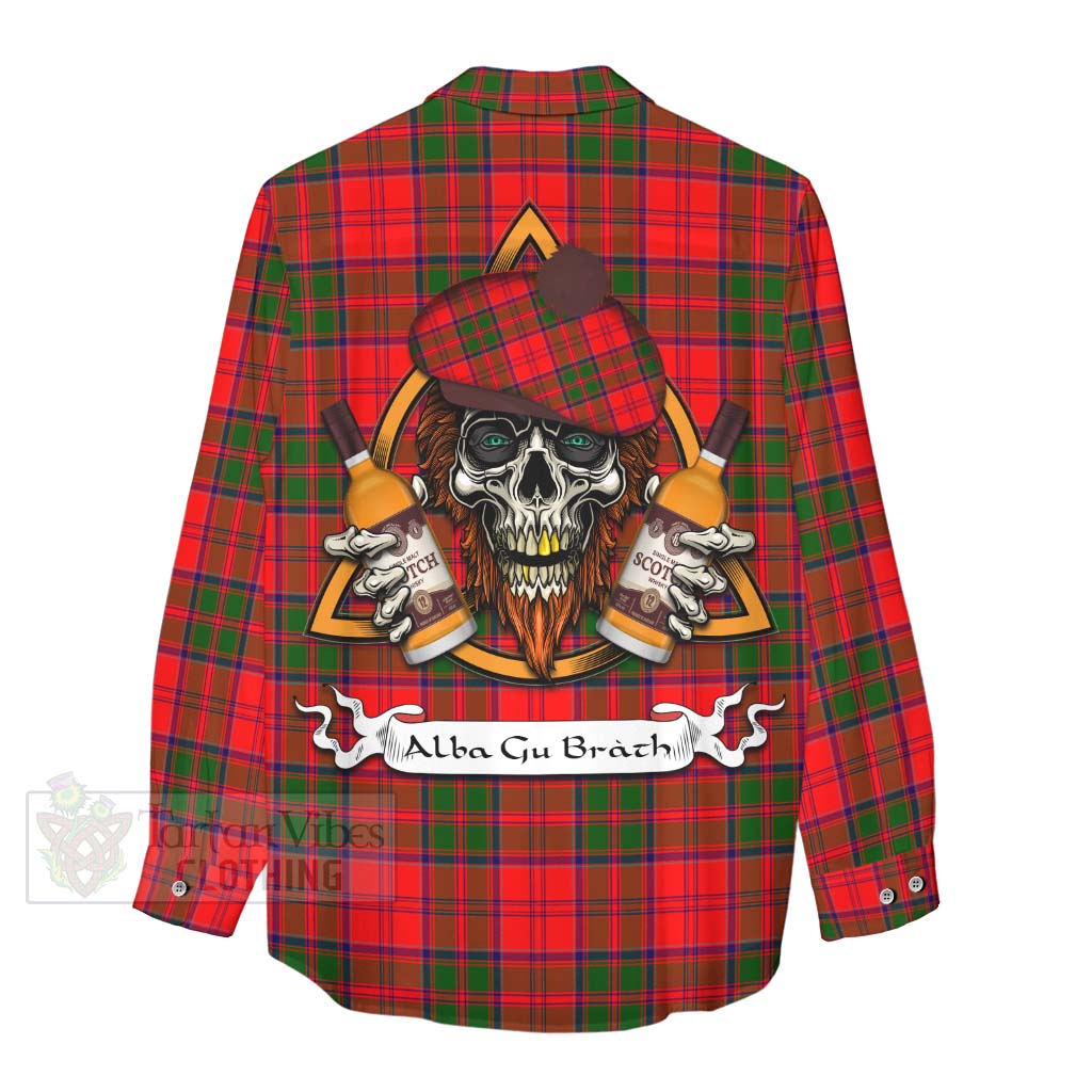 Tartan Vibes Clothing Heron Tartan Women's Casual Shirt with Family Crest and Bearded Skull Holding Bottles of Whiskey