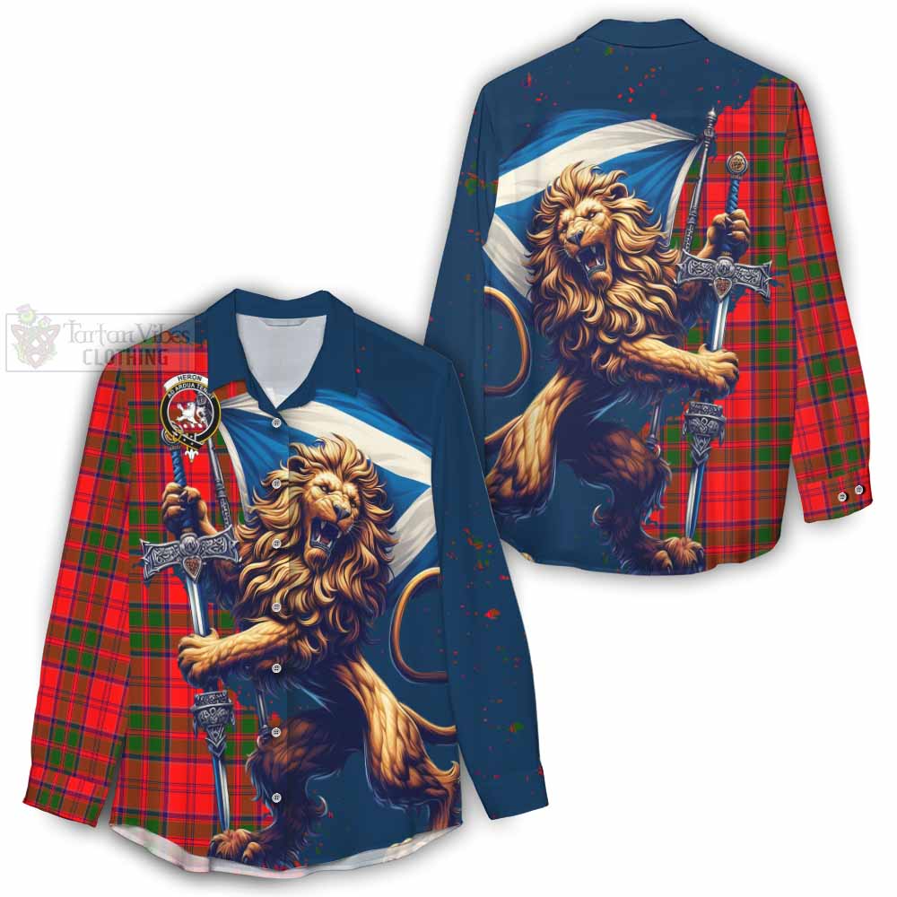 Tartan Vibes Clothing Heron Tartan Family Crest Women's Casual Shirt with Scottish Majestic Lion