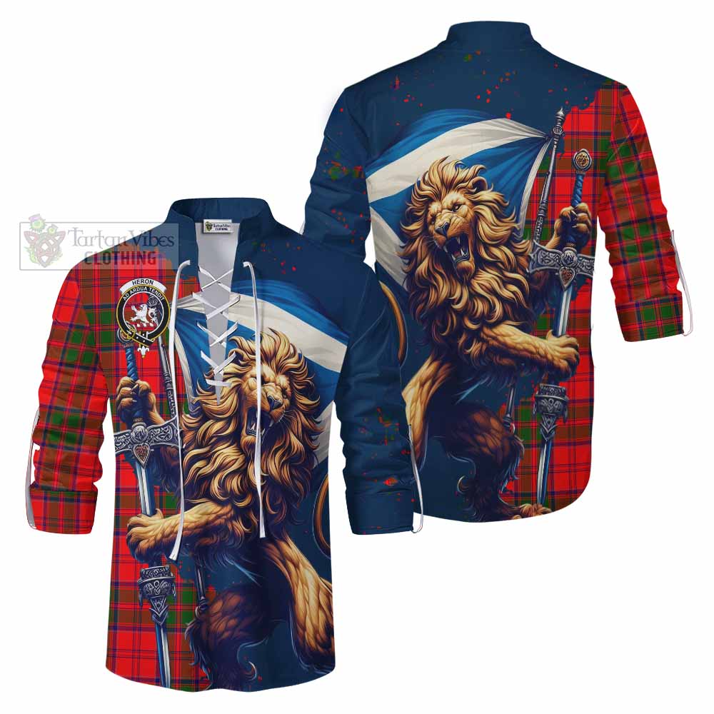 Tartan Vibes Clothing Heron Tartan Family Crest Ghillie Kilt Shirt with Scottish Majestic Lion