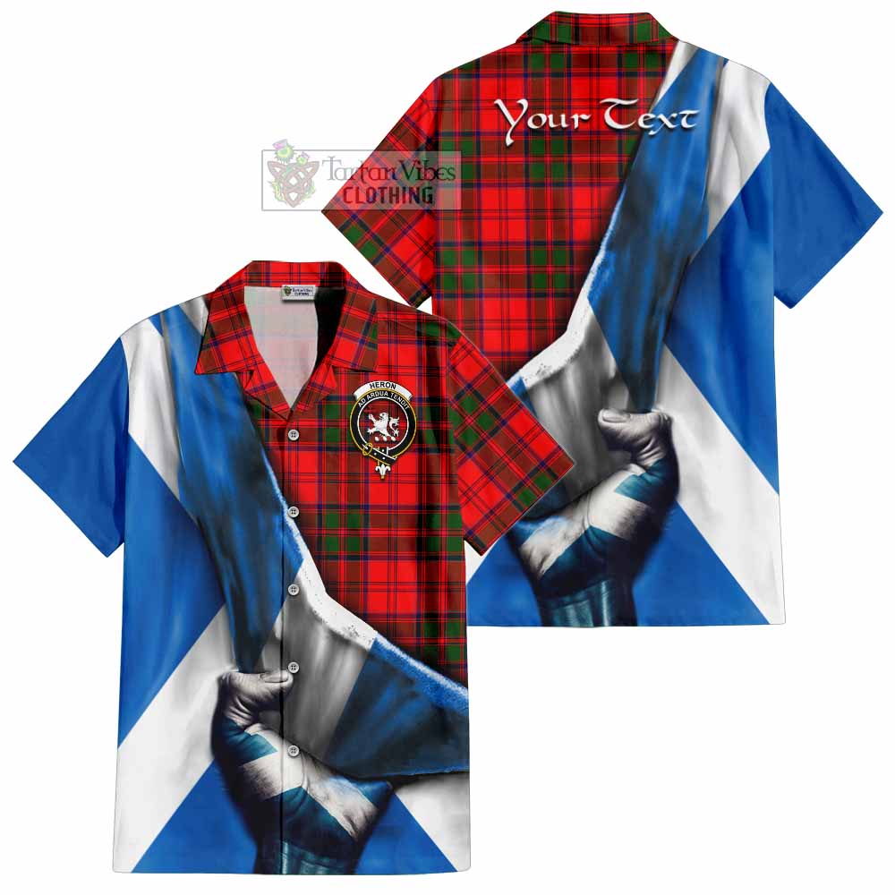 Tartan Vibes Clothing Heron Tartan Short Sleeve Button Shirt with Family Crest Scotland Patriotic Style