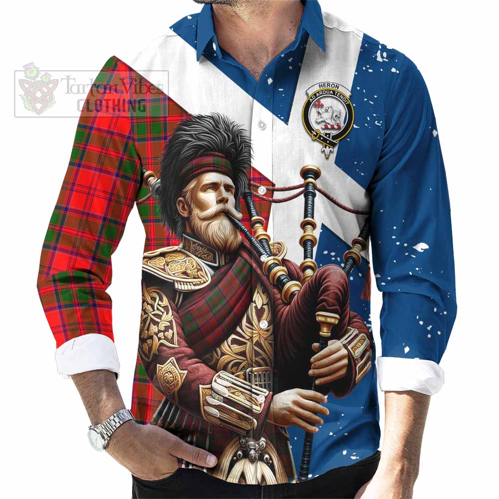 Tartan Vibes Clothing Heron Tartan Long Sleeve Button Shirt with Family Crest Scottish Bagpiper Vibes