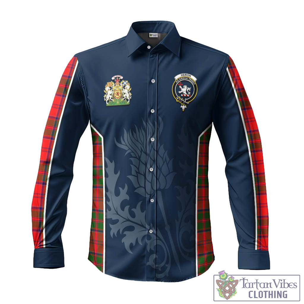Tartan Vibes Clothing Heron Tartan Long Sleeve Button Up Shirt with Family Crest and Scottish Thistle Vibes Sport Style
