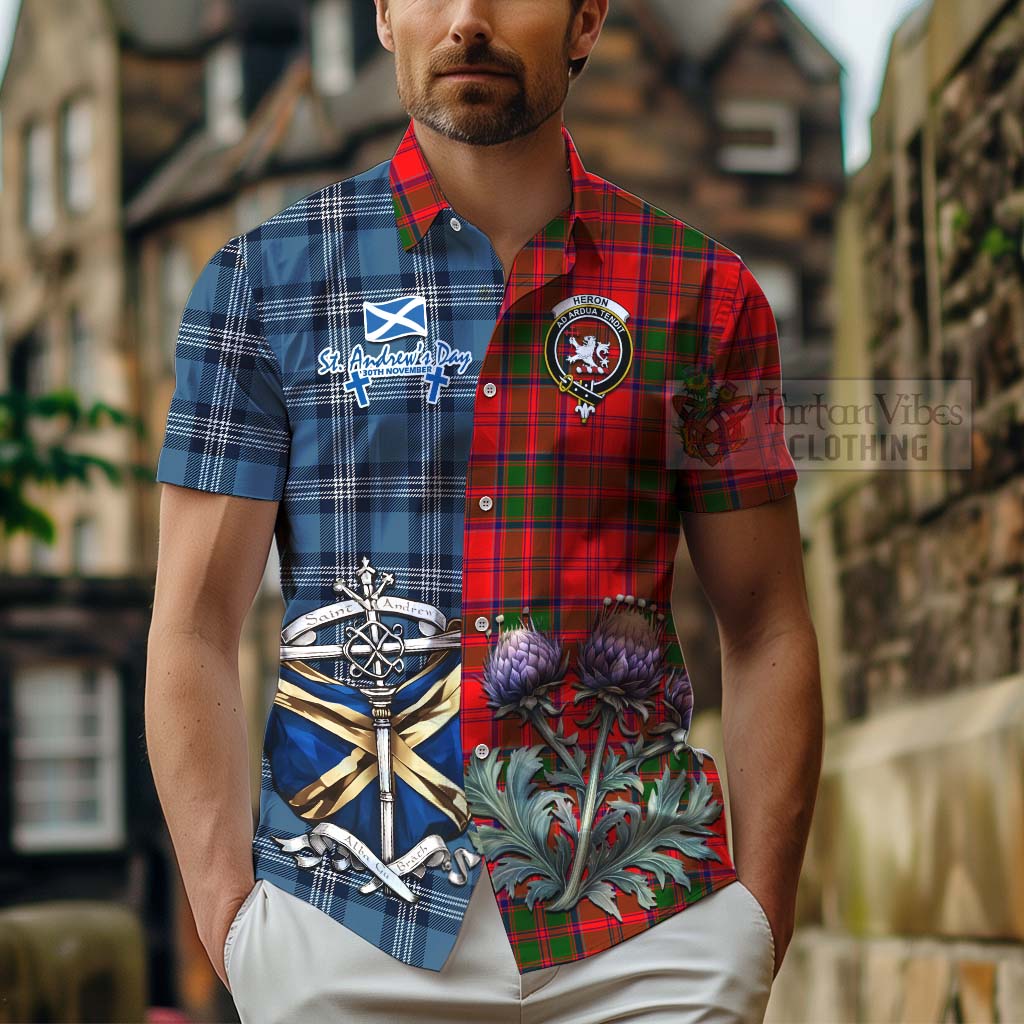 Tartan Vibes Clothing Heron Tartan Short Sleeve Button Shirt Happy St. Andrew's Day Half Tartan Style