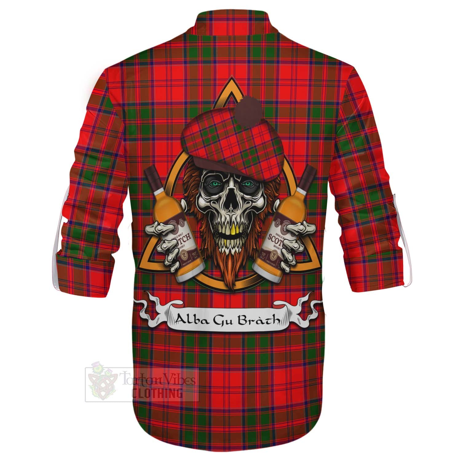 Tartan Vibes Clothing Heron Tartan Ghillie Kilt Shirt with Family Crest and Bearded Skull Holding Bottles of Whiskey