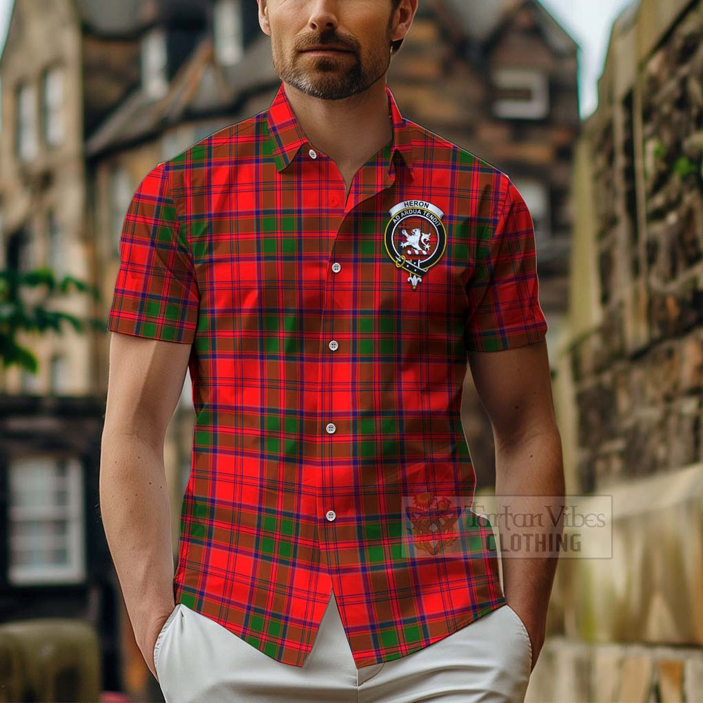 Tartan Vibes Clothing Heron Tartan Short Sleeve Button Shirt with Family Crest and Bearded Skull Holding Bottles of Whiskey