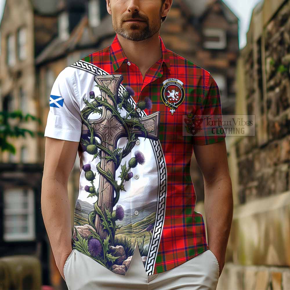 Tartan Vibes Clothing Heron Tartan Short Sleeve Button Shirt with Family Crest and St. Andrew's Cross Accented by Thistle Vines