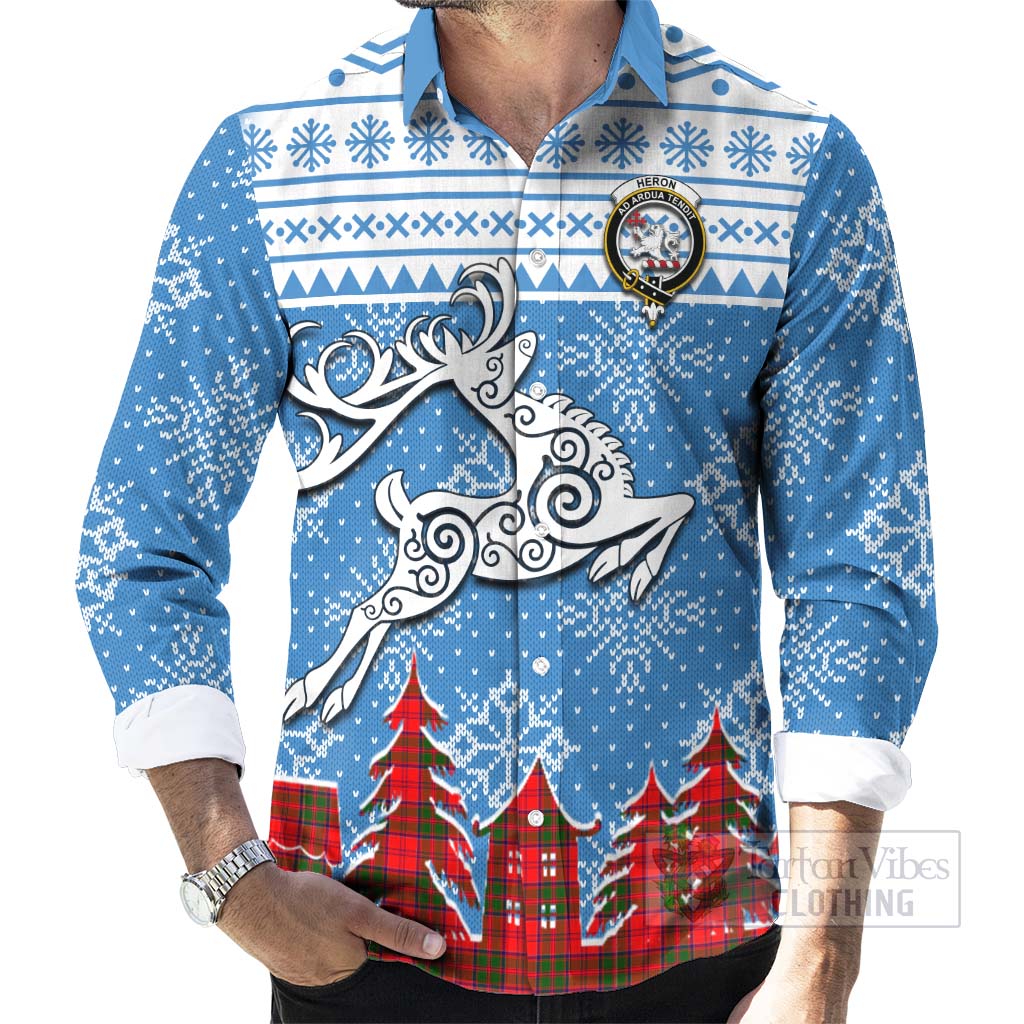 Tartan Vibes Clothing Heron Clan Christmas Long Sleeve Button Shirt Celtic Reindeer Style