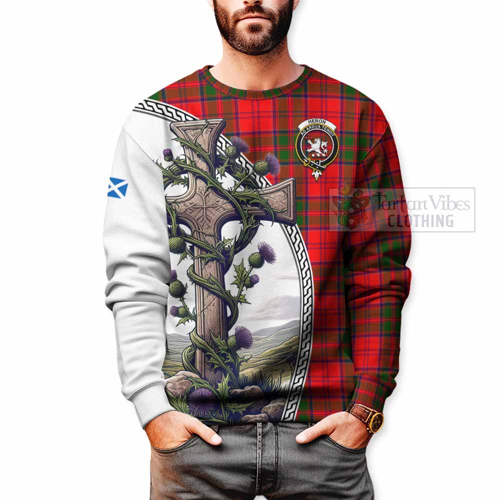 Tartan Vibes Clothing Heron Tartan Sweatshirt with Family Crest and St. Andrew's Cross Accented by Thistle Vines