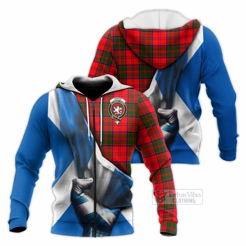 Tartan Vibes Clothing Heron Tartan Knitted Hoodie with Family Crest Scotland Patriotic Style