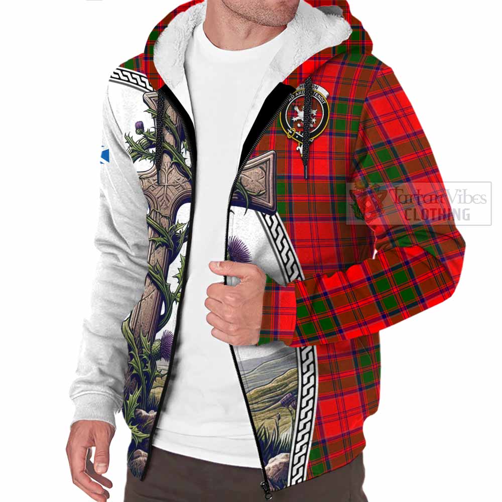 Tartan Vibes Clothing Heron Tartan Sherpa Hoodie with Family Crest and St. Andrew's Cross Accented by Thistle Vines