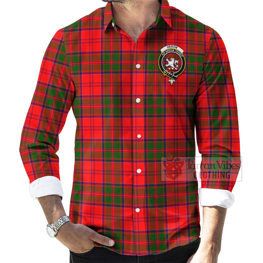 Tartan Vibes Clothing Heron Tartan Long Sleeve Button Shirt with Family Crest and Bearded Skull Holding Bottles of Whiskey