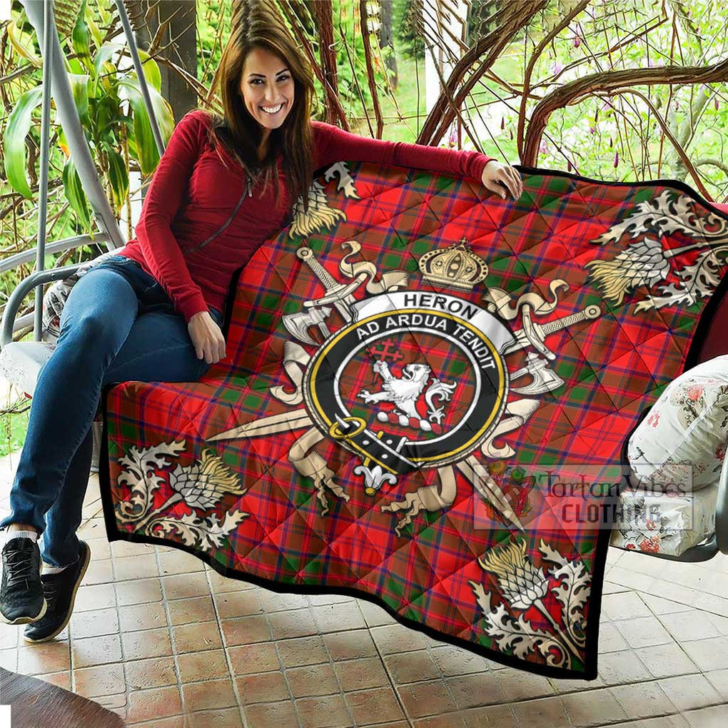 Tartan Vibes Clothing Heron Tartan Quilt with Family Crest and Scottish Golden Courage Shield