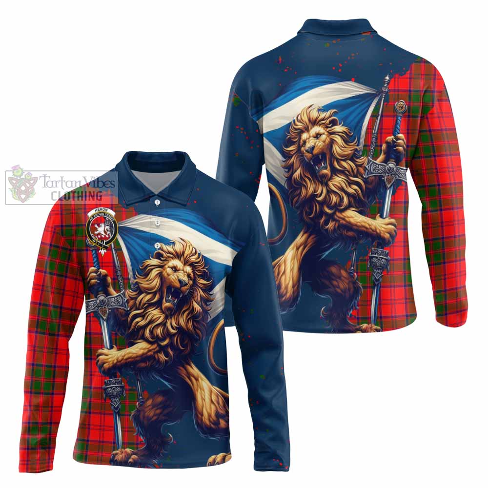 Tartan Vibes Clothing Heron Tartan Family Crest Long Sleeve Polo Shirt with Scottish Majestic Lion