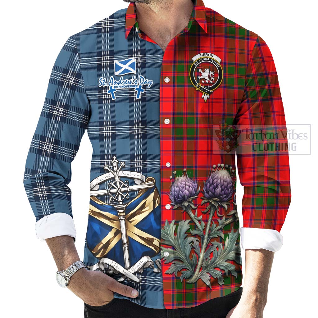 Tartan Vibes Clothing Heron Tartan Long Sleeve Button Shirt Happy St. Andrew's Day Half Tartan Style