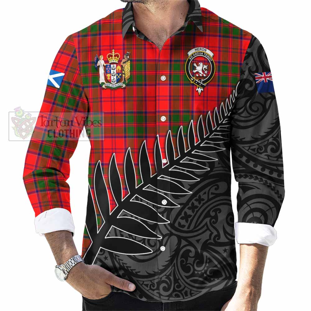 Tartan Vibes Clothing Heron Crest Tartan Long Sleeve Button Shirt with New Zealand Silver Fern Half Style