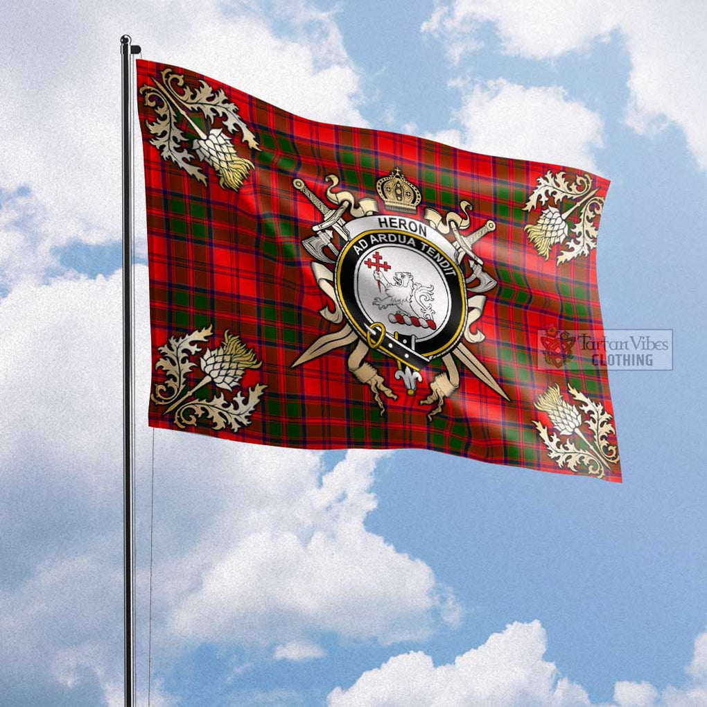 Tartan Vibes Clothing Heron Tartan Flag with Family Crest and Golden Thistle Crossed Sword Design