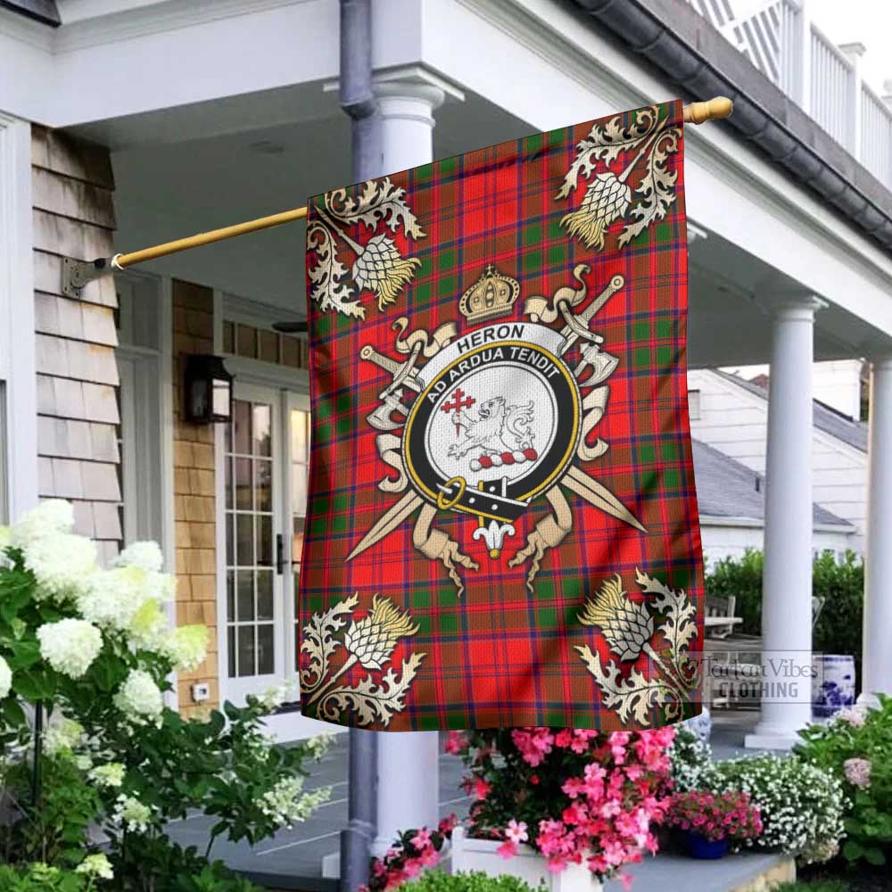 Tartan Vibes Clothing Heron Tartan Flag with Family Crest and Golden Thistle Crossed Sword Design