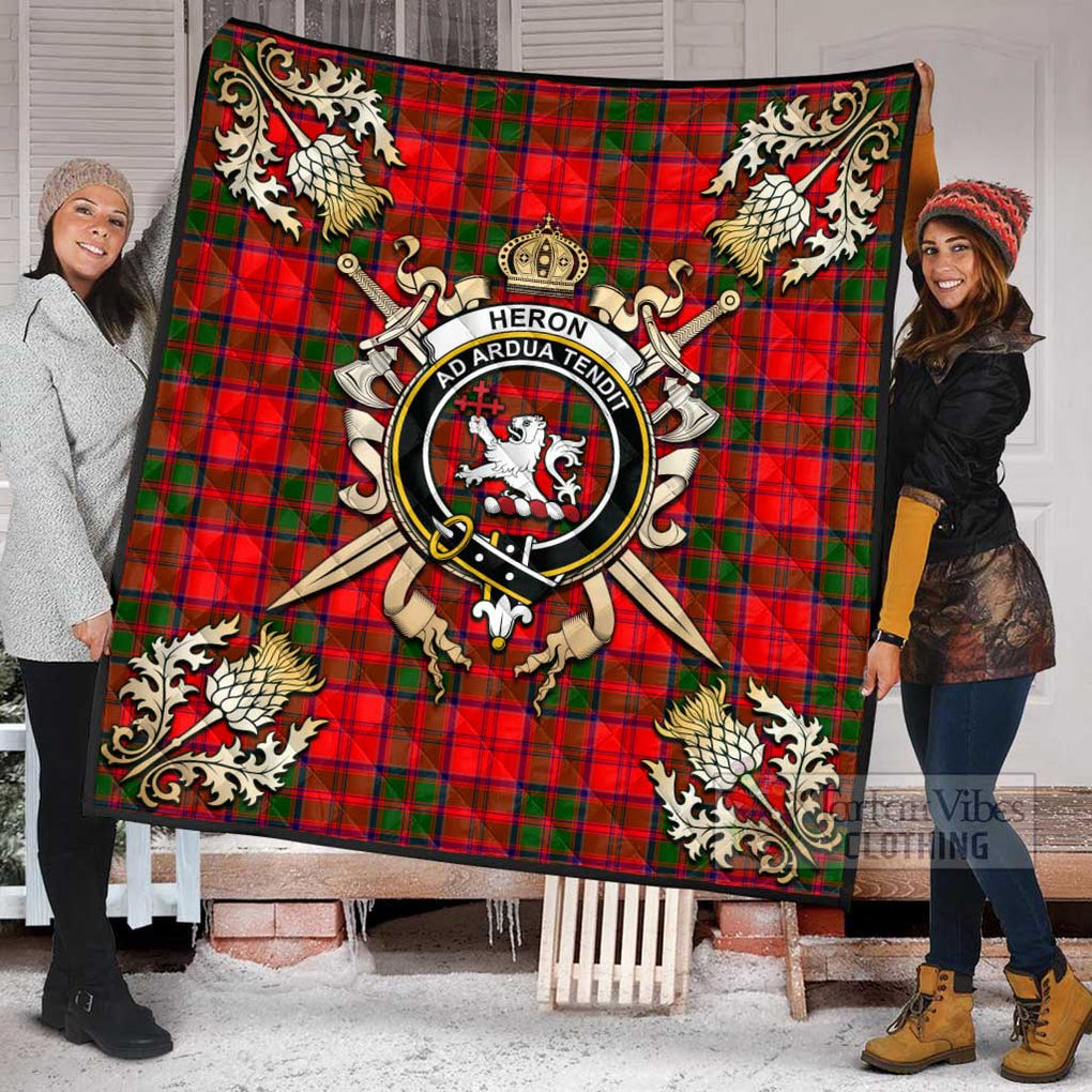 Tartan Vibes Clothing Heron Tartan Quilt with Family Crest and Scottish Golden Courage Shield