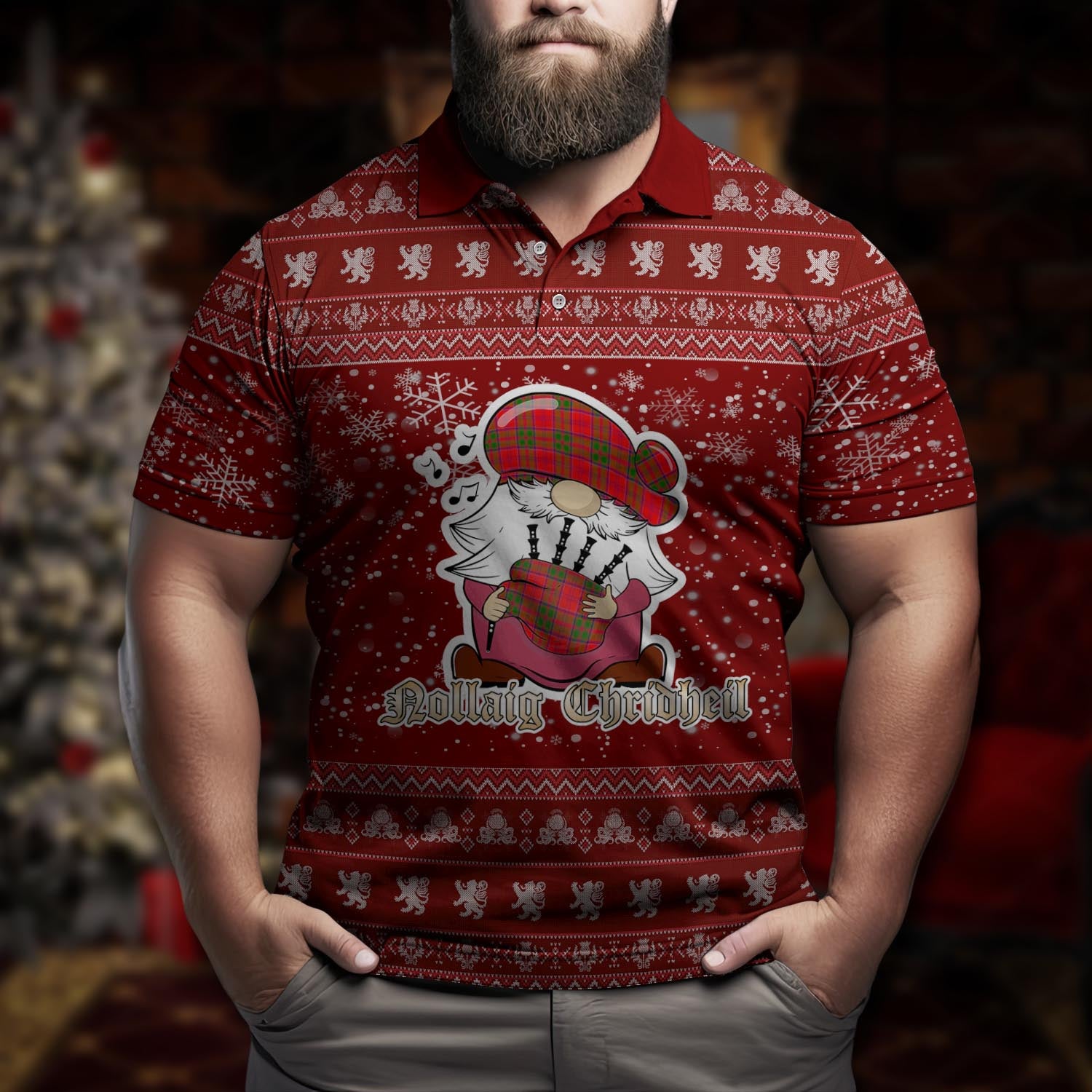 Heron Clan Christmas Family Polo Shirt with Funny Gnome Playing Bagpipes Men's Polo Shirt Red - Tartanvibesclothing