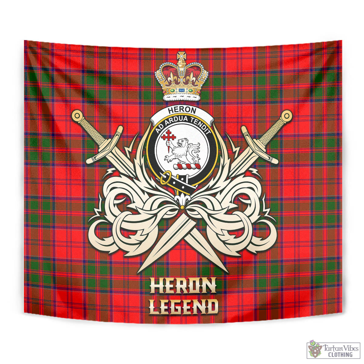 Tartan Vibes Clothing Heron Tartan Tapestry with Clan Crest and the Golden Sword of Courageous Legacy