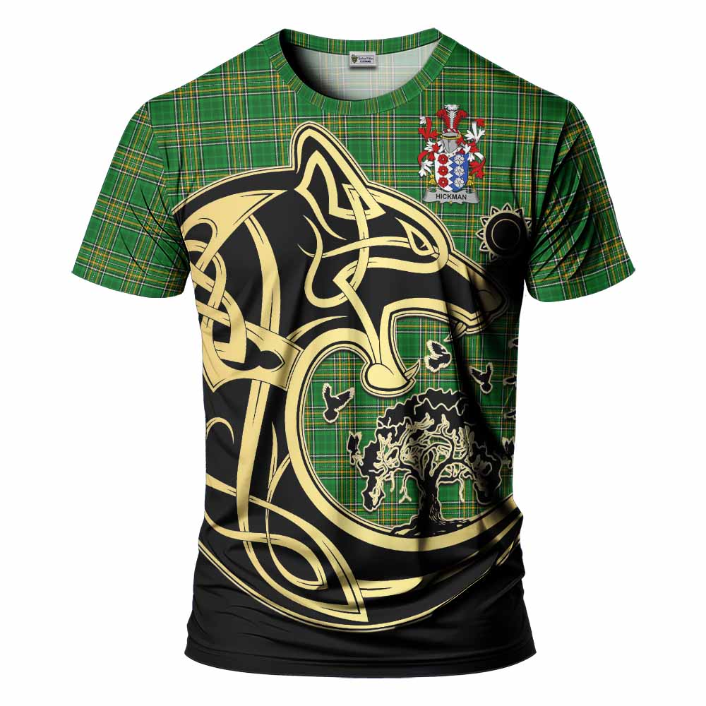 Tartan Vibes Clothing Hickman Irish Tartan T-Shirt with Coat of Arms Celtic Wolf Style