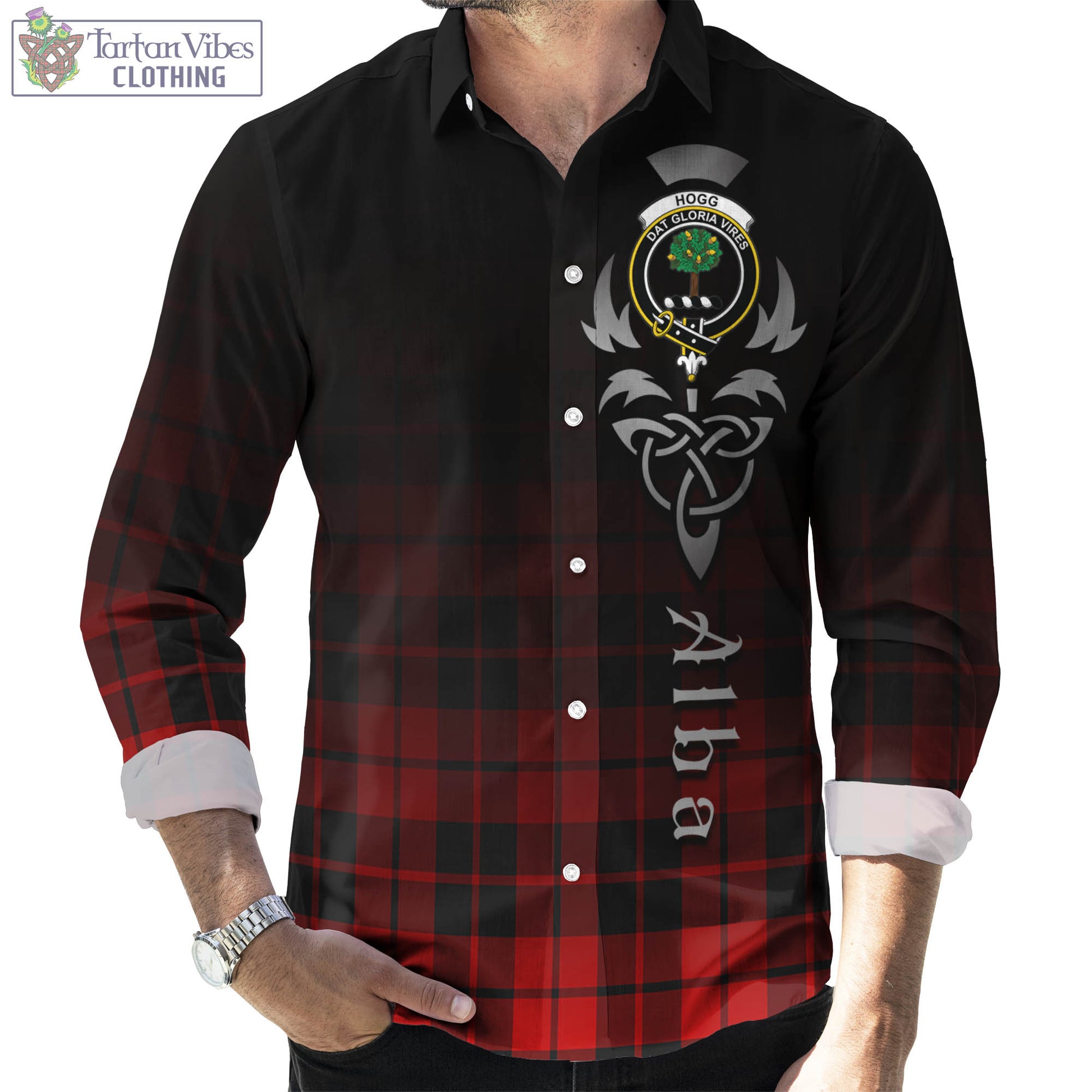 Tartan Vibes Clothing Hogg Tartan Long Sleeve Button Up Featuring Alba Gu Brath Family Crest Celtic Inspired