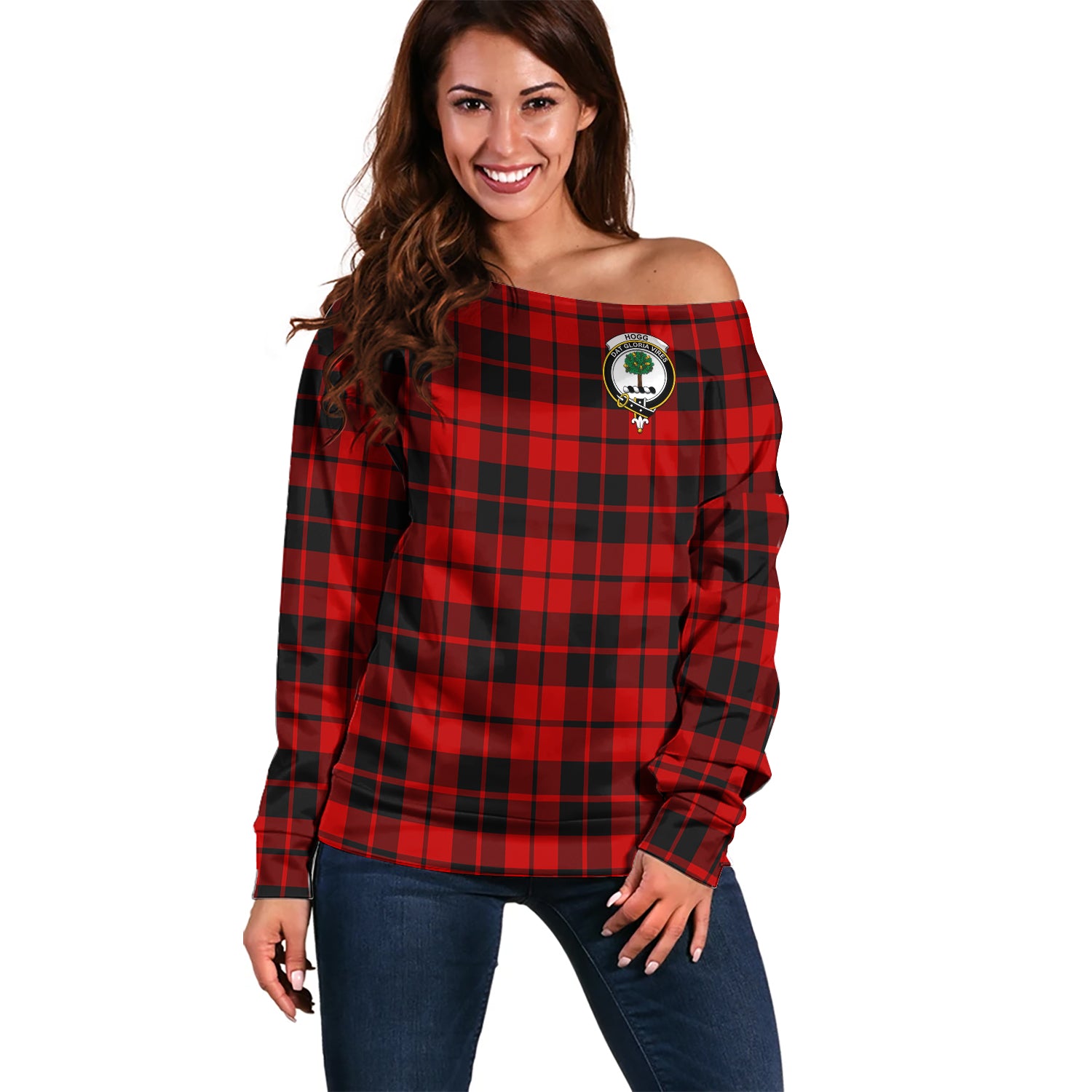 Hogg Tartan Off Shoulder Women Sweater with Family Crest Women - Tartanvibesclothing