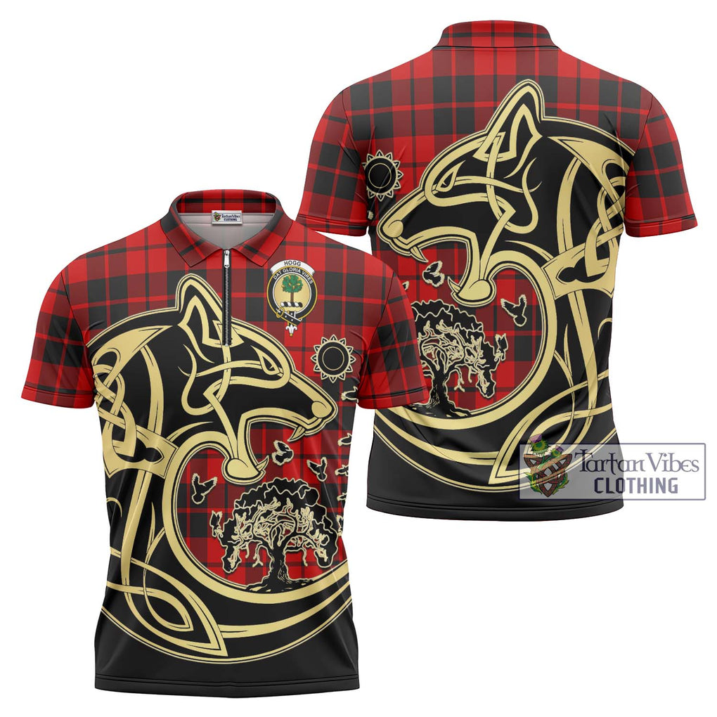 Hogg Tartan Zipper Polo Shirt with Family Crest Celtic Wolf Style Unisex - Tartanvibesclothing Shop