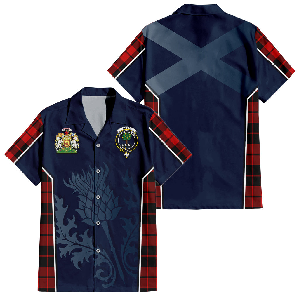 Tartan Vibes Clothing Hogg Tartan Short Sleeve Button Up Shirt with Family Crest and Scottish Thistle Vibes Sport Style