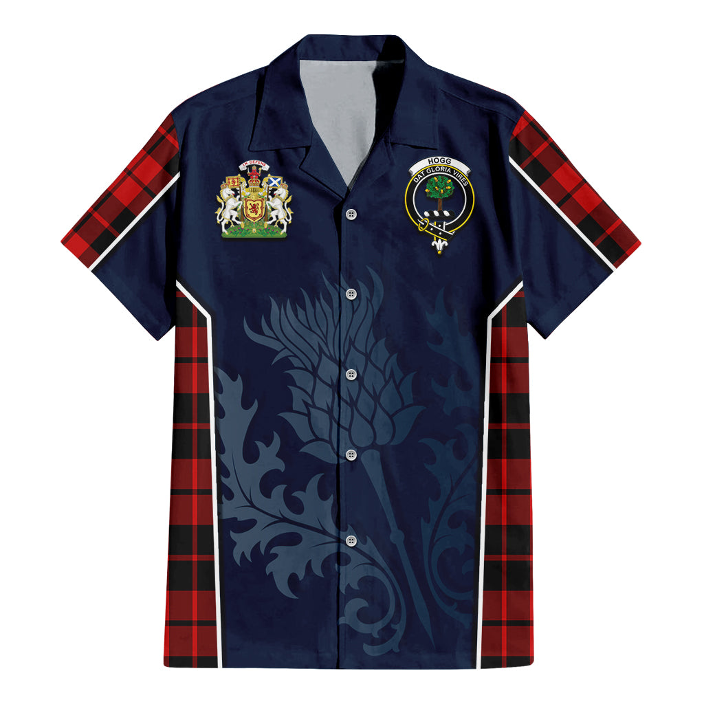 Tartan Vibes Clothing Hogg Tartan Short Sleeve Button Up Shirt with Family Crest and Scottish Thistle Vibes Sport Style