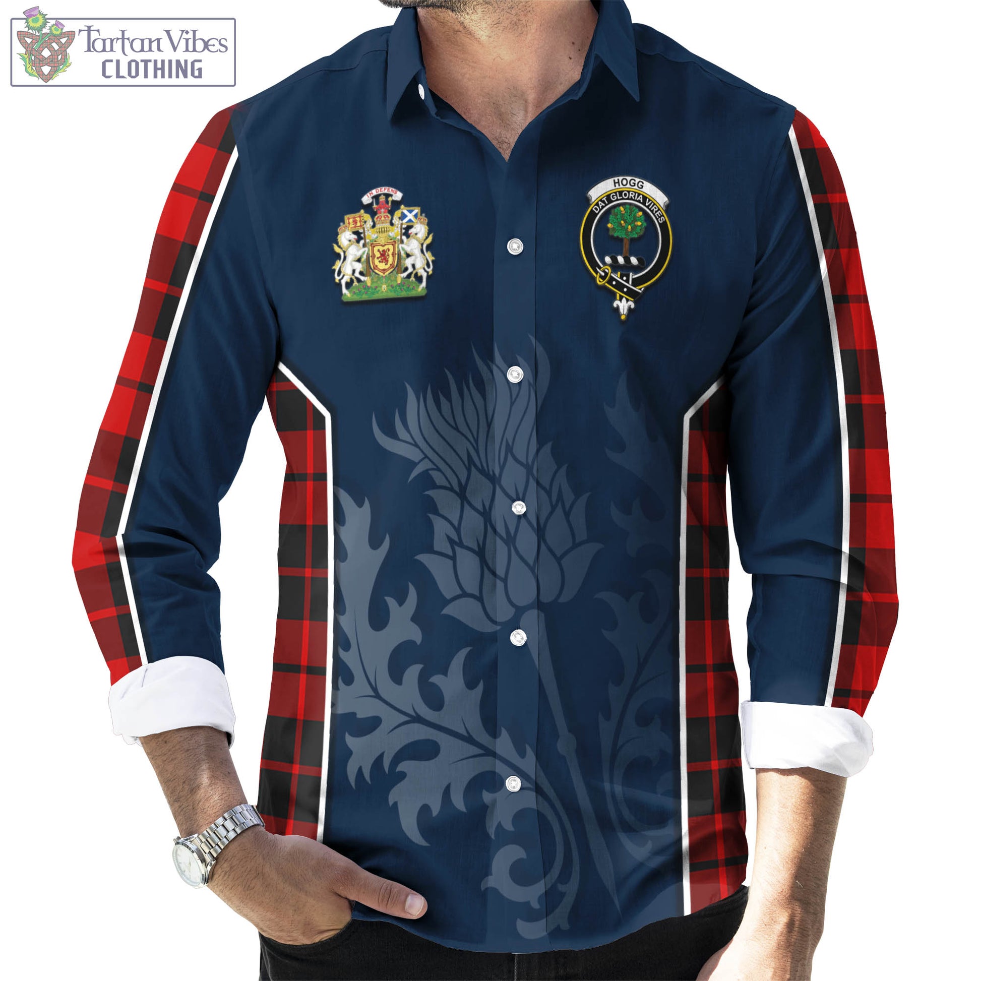 Tartan Vibes Clothing Hogg Tartan Long Sleeve Button Up Shirt with Family Crest and Scottish Thistle Vibes Sport Style