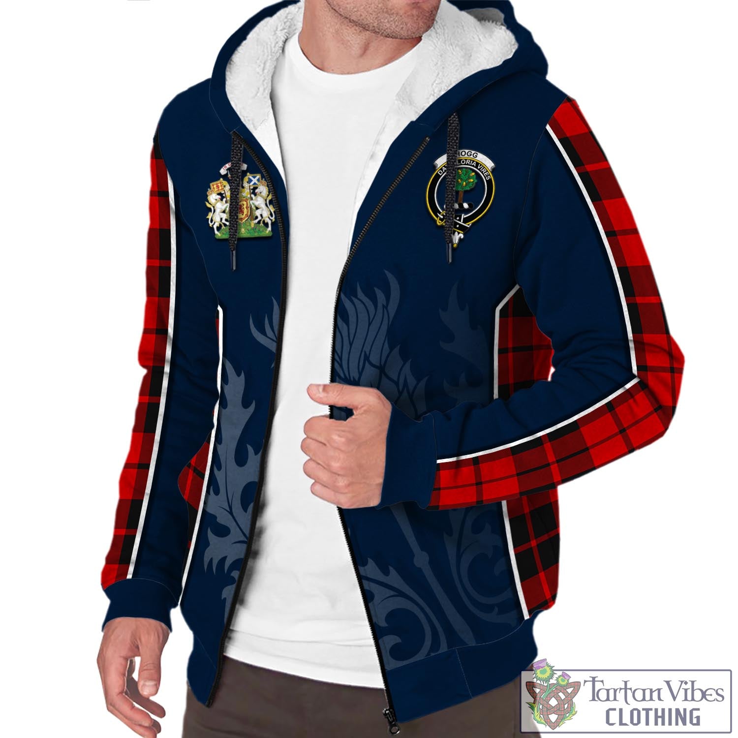 Tartan Vibes Clothing Hogg Tartan Sherpa Hoodie with Family Crest and Scottish Thistle Vibes Sport Style