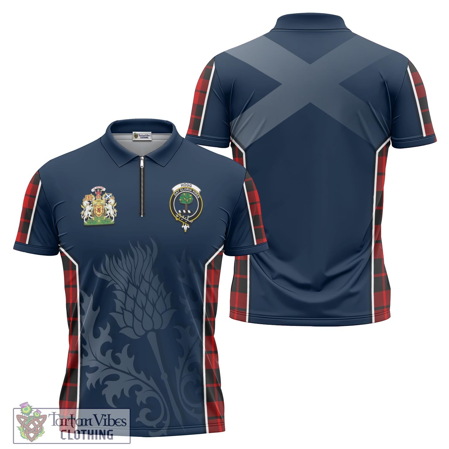 Tartan Vibes Clothing Hogg Tartan Zipper Polo Shirt with Family Crest and Scottish Thistle Vibes Sport Style