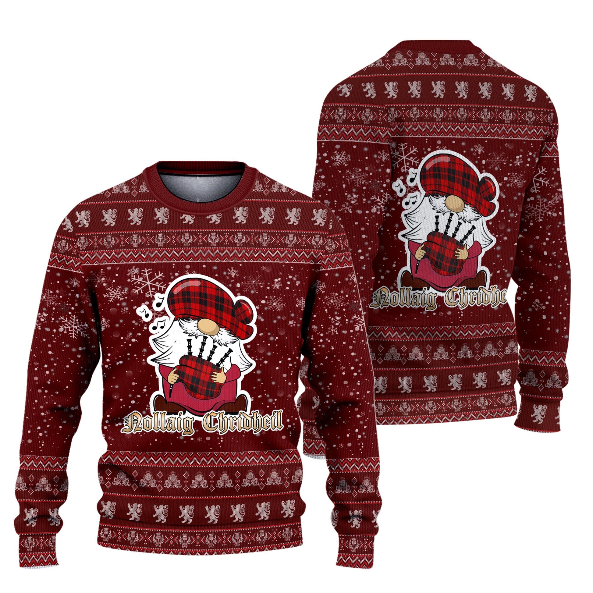 Hogg Clan Christmas Family Knitted Sweater with Funny Gnome Playing Bagpipes Unisex Red - Tartanvibesclothing