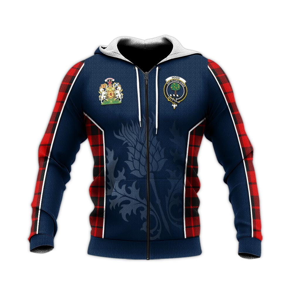 Tartan Vibes Clothing Hogg Tartan Knitted Hoodie with Family Crest and Scottish Thistle Vibes Sport Style